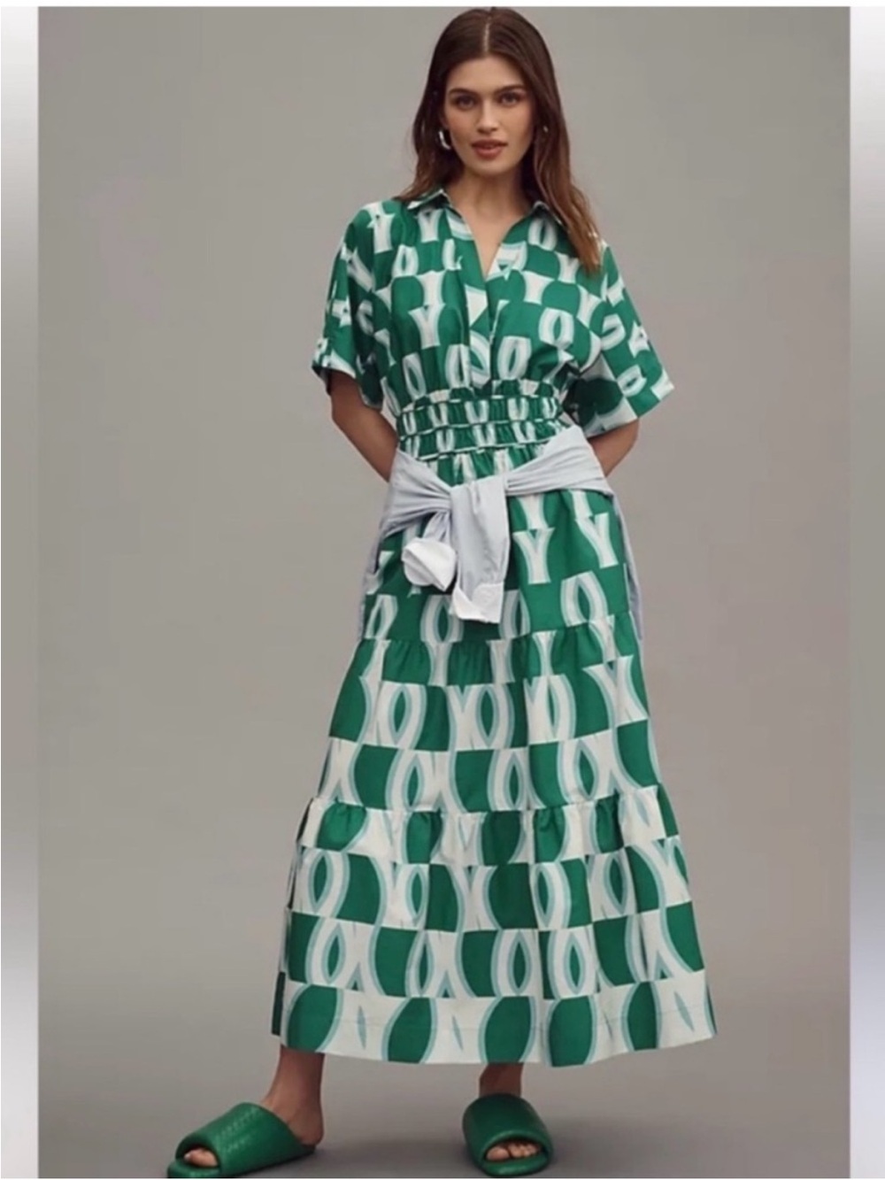 Anthropologie Somserset Maxi Shirt Dress Green White Geometric